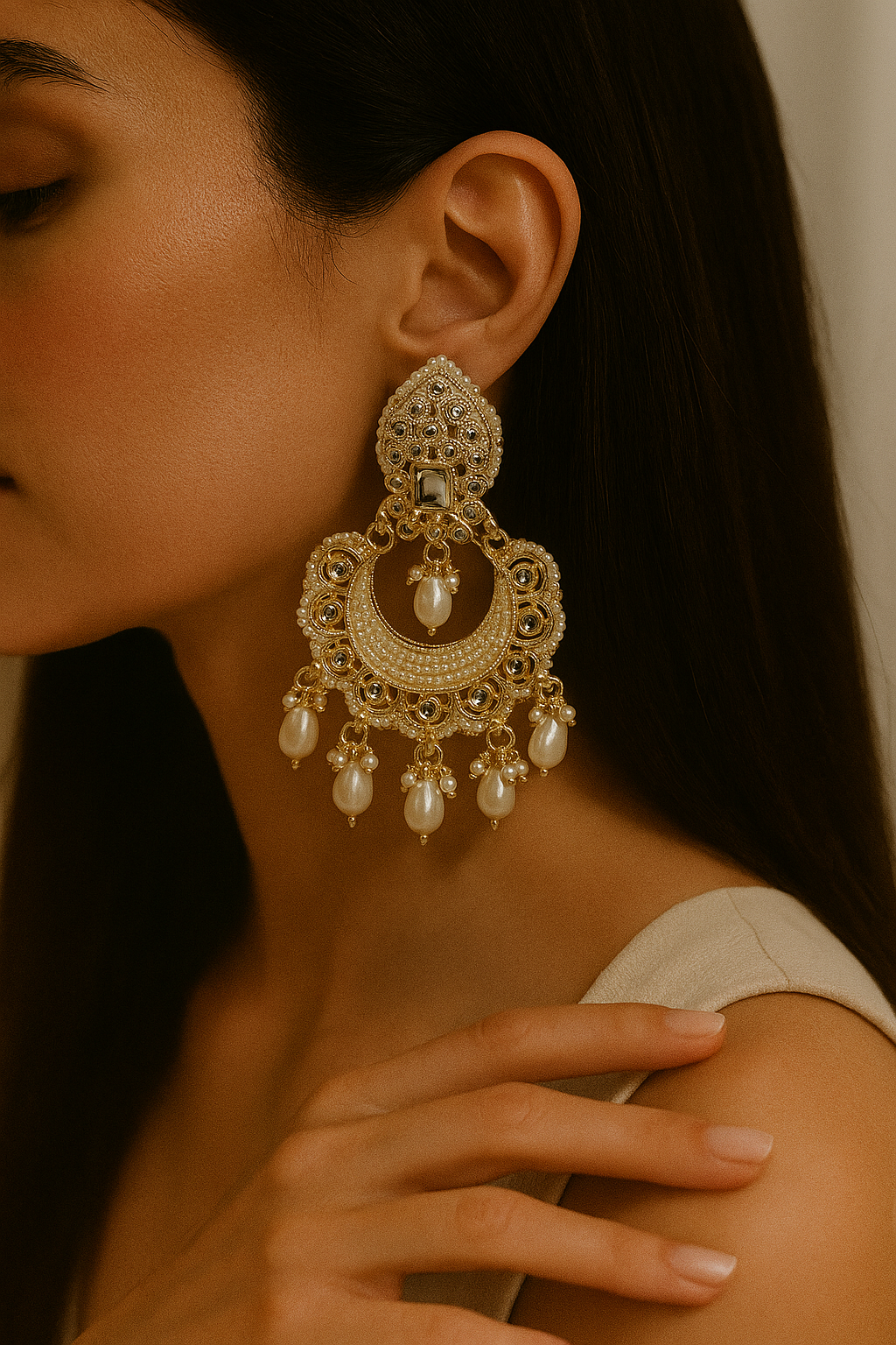 Pearl Mirror Chandbali Earrings – Handcrafted Bridal Danglers with White Beads & Kundan Detail