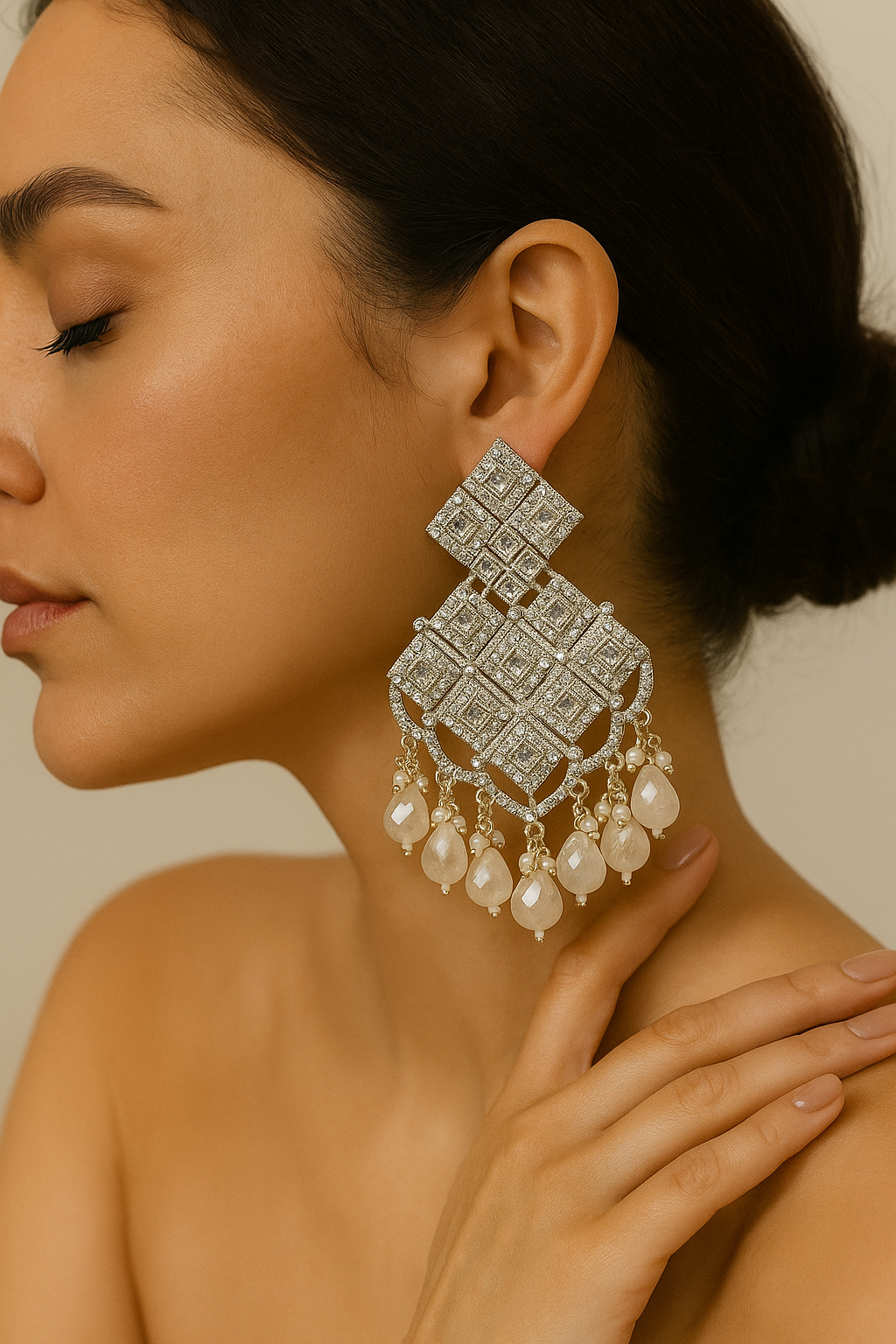 Geometric Kundan Pearl Drop Earrings – Diamond Pattern Gold-Plated Statement Jhumka