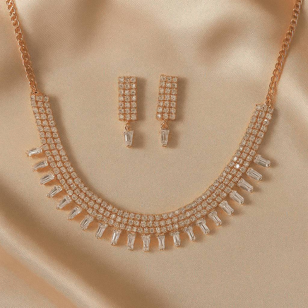 Rose Gold-Plated Baguette American Diamond Necklace Set – Choker Style Party Jewellery with Earrings