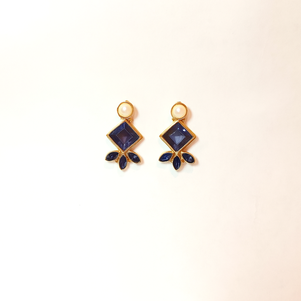 Royal Blue Stone & Pearl Stud Drop Earrings – Gold Plated Elegant Design