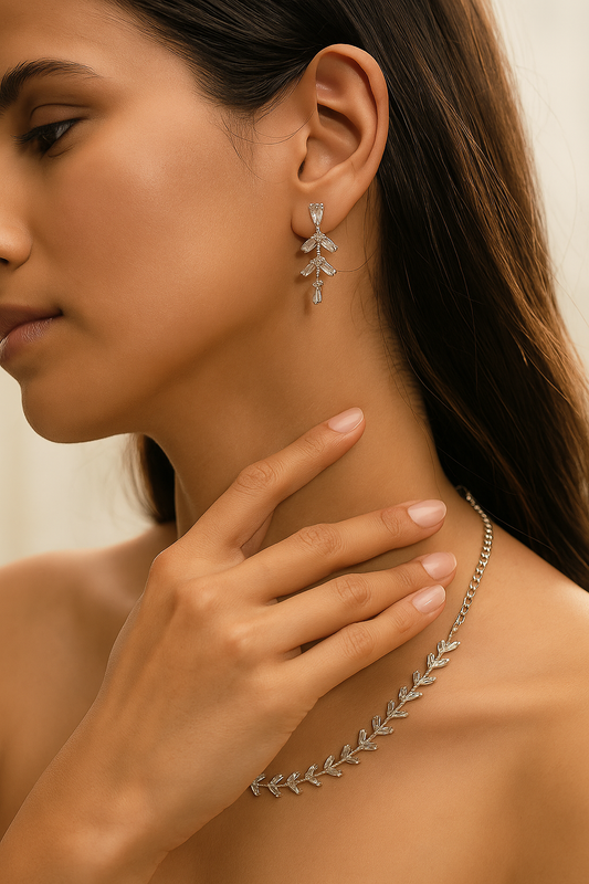 Contemporary Baguette-Cut CZ Necklace Set for Women – Silver Plated Vine Design Jewellery with Earrings