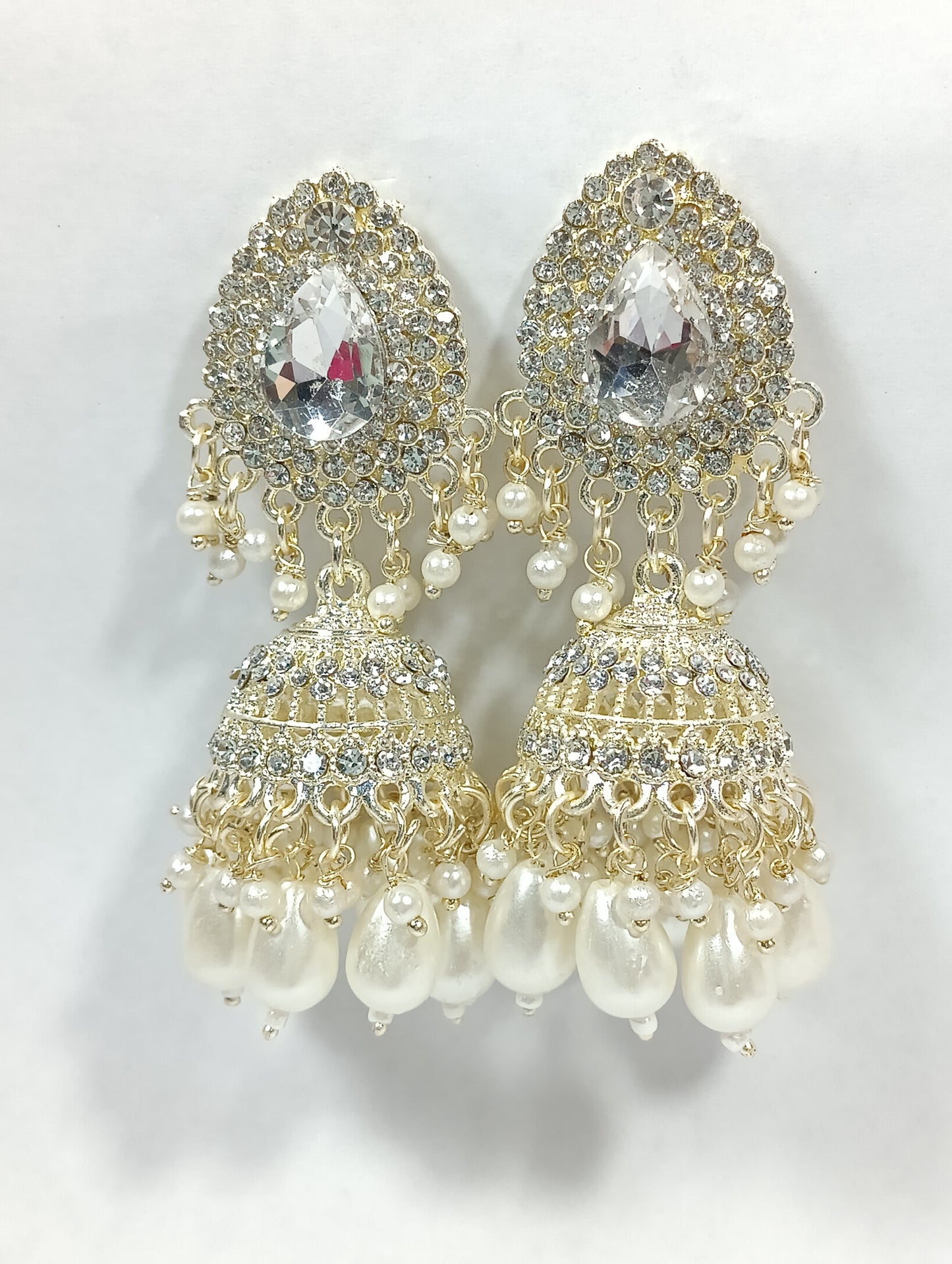 Bridal Crystal & Pearl Jhumka Earrings – Gold Plated Ethnic Statement Danglers