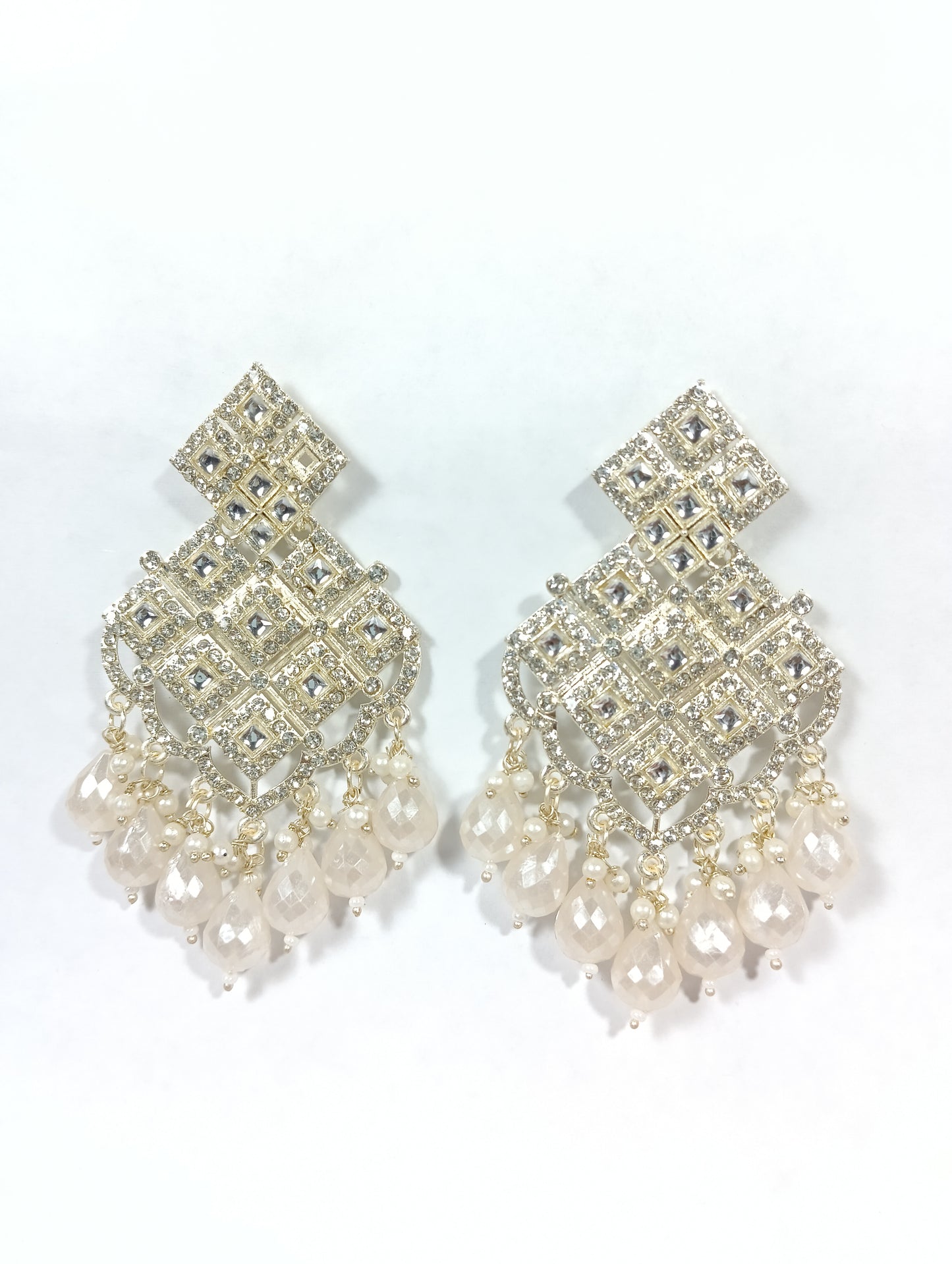 Geometric Kundan Pearl Drop Earrings – Diamond Pattern Gold-Plated Statement Jhumka