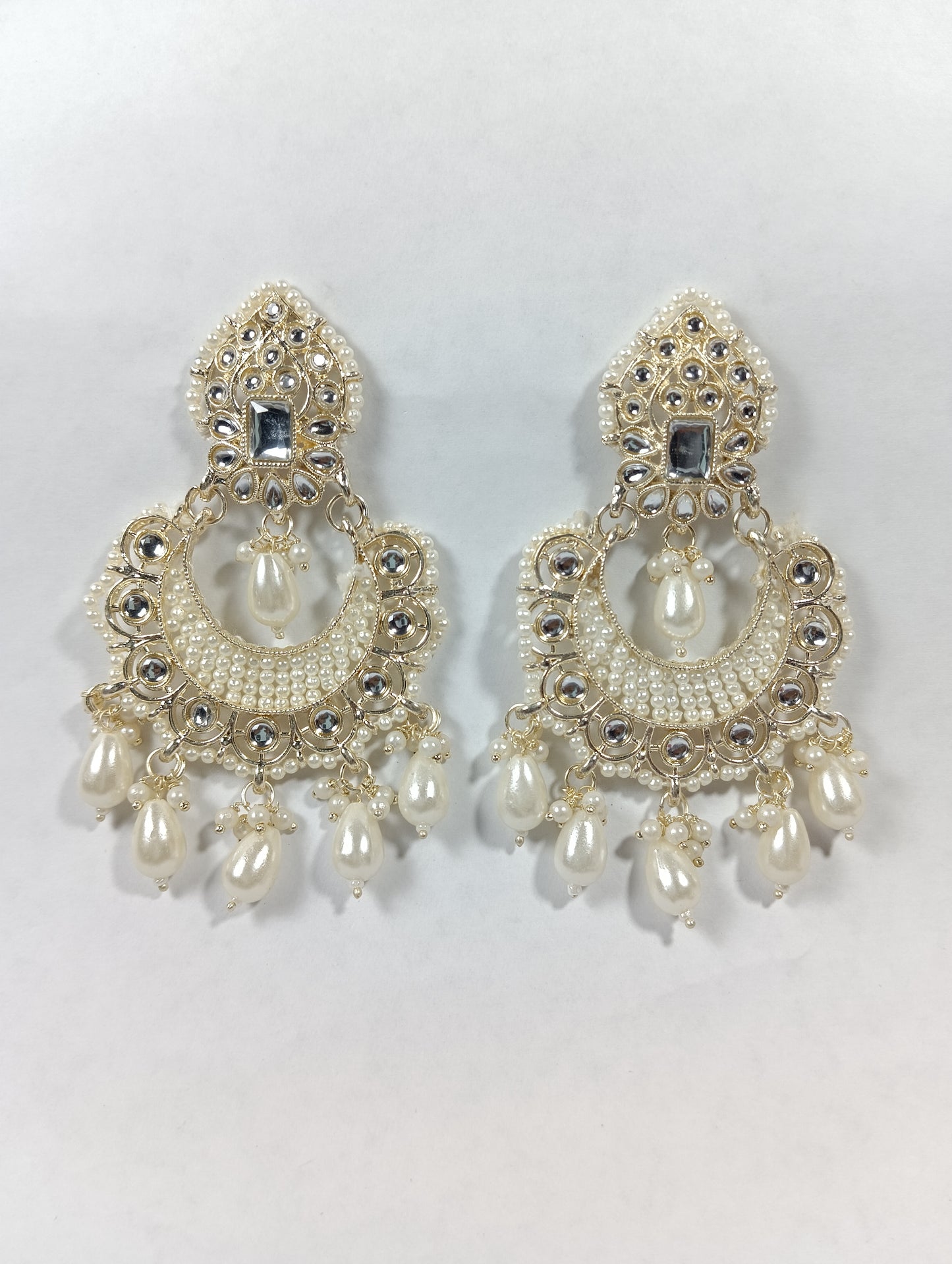 Pearl Mirror Chandbali Earrings – Handcrafted Bridal Danglers with White Beads & Kundan Detail