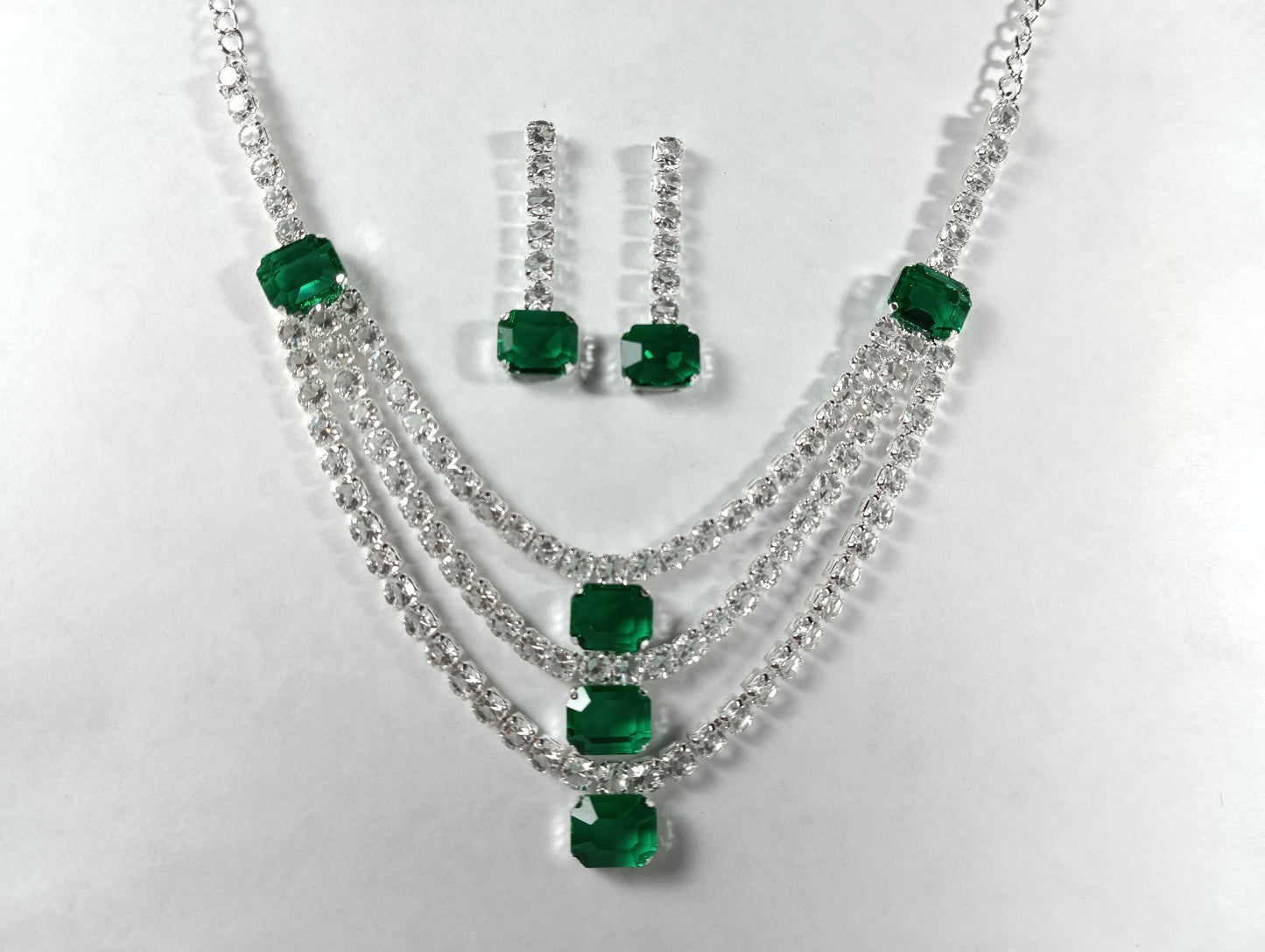 Royal Emerald Green American Diamond Necklace Set for Women – Silver Plated Bridal & Party Wear Jewellery