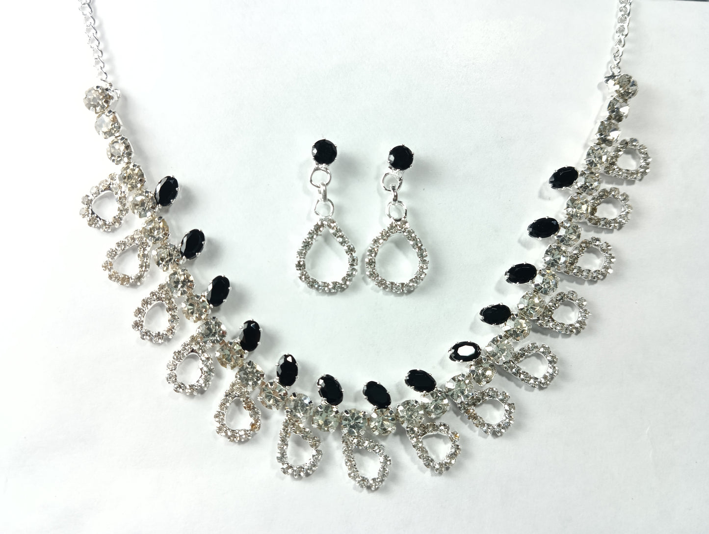 Black Stone Silver-Plated American Diamond Necklace Set – Tear Drop Design Party Jewellery with Earrings