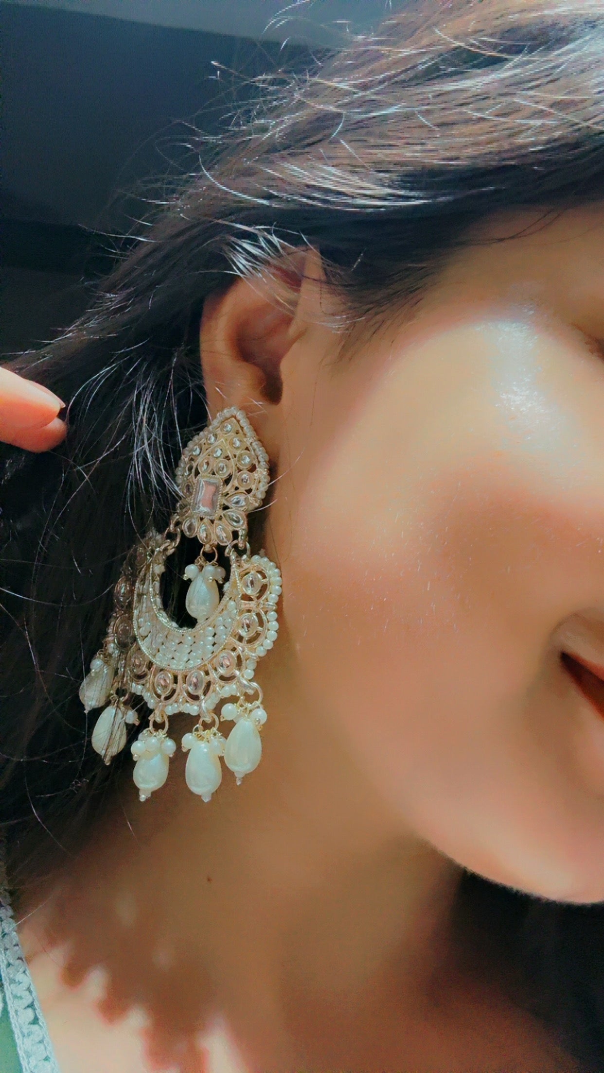 Pearl Mirror Chandbali Earrings – Handcrafted Bridal Danglers with White Beads & Kundan Detail