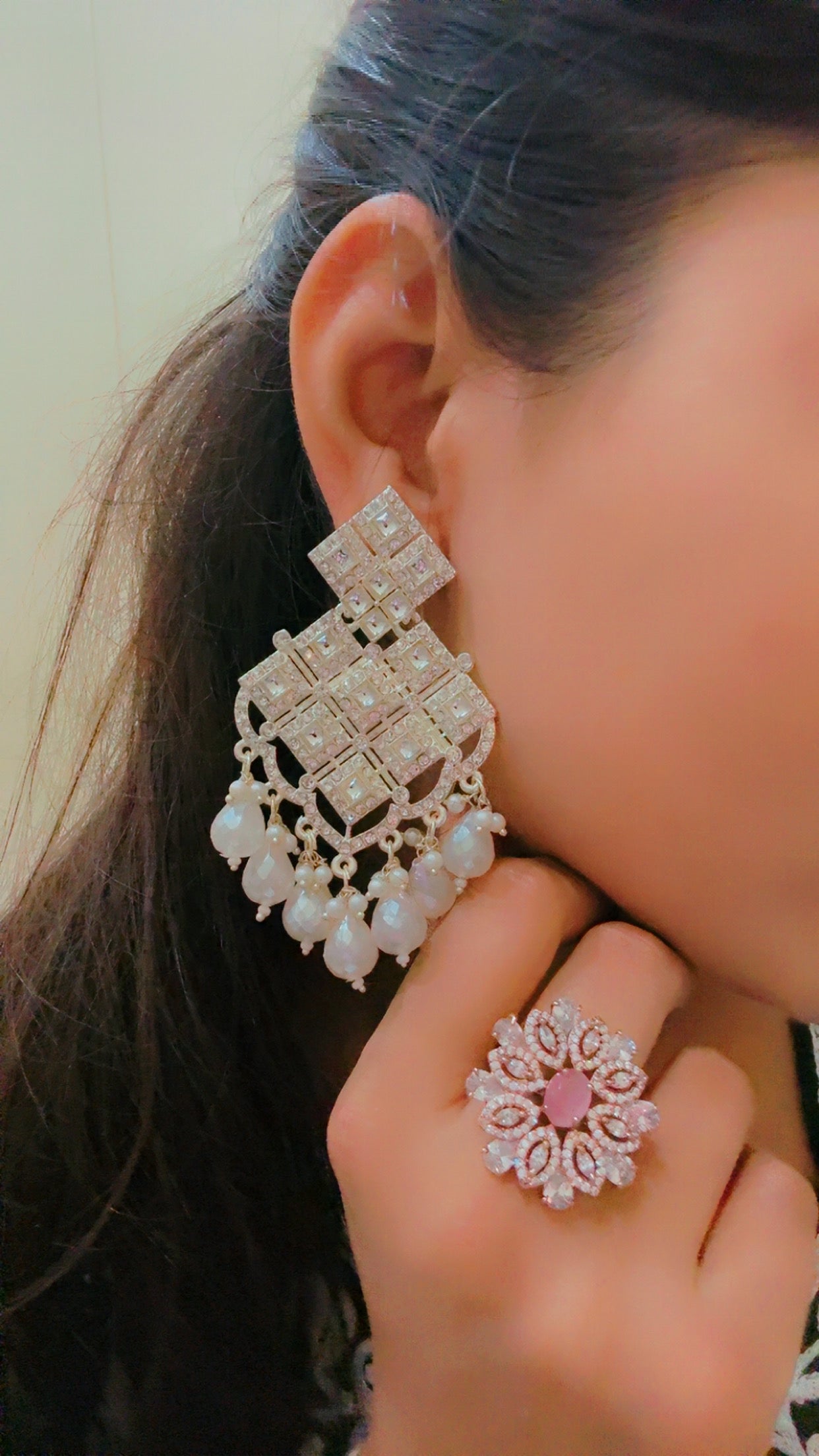 Geometric Kundan Pearl Drop Earrings – Diamond Pattern Gold-Plated Statement Jhumka