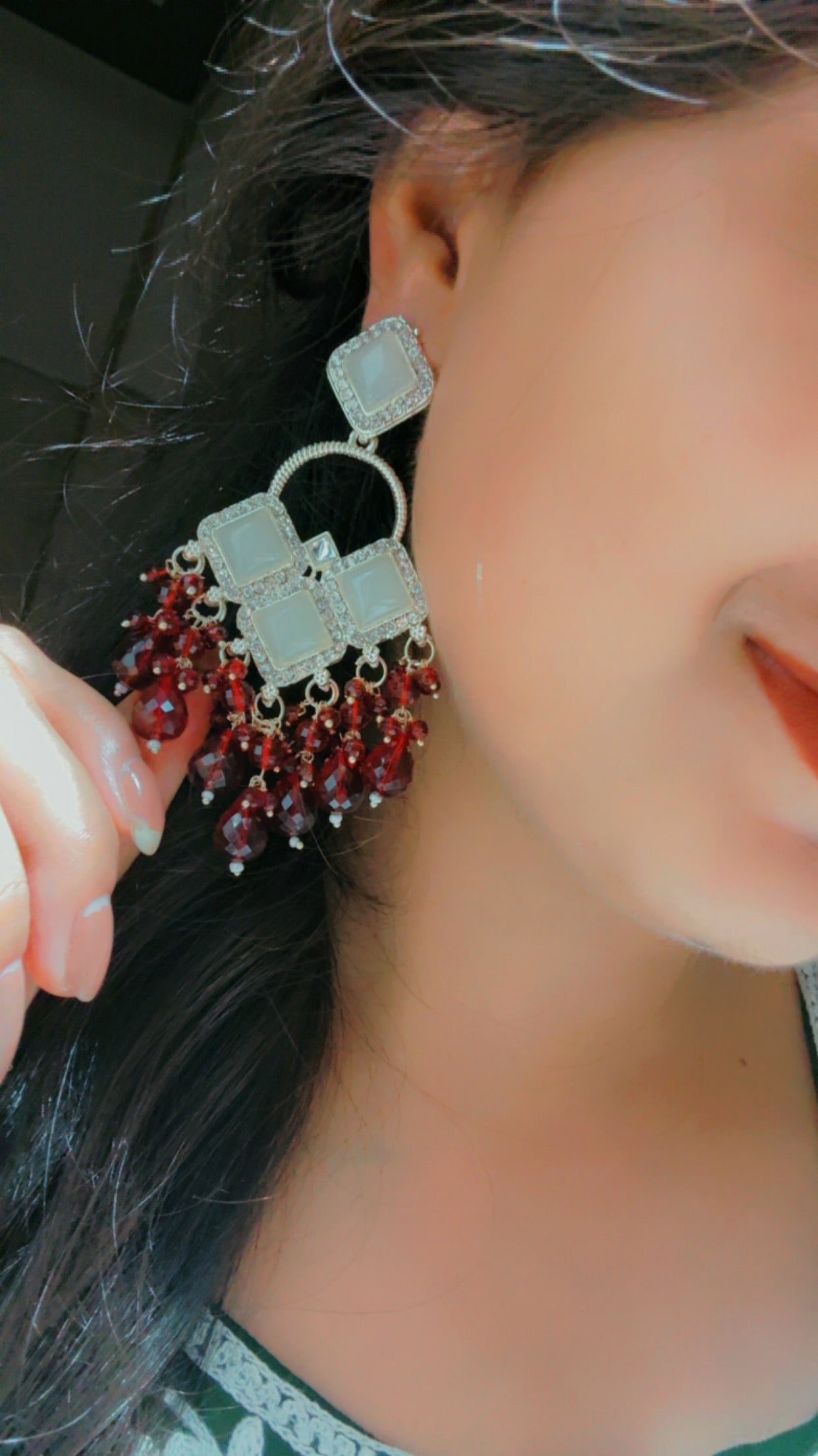Red Beaded Monalisa Earrings β Gold Plated Festive Chandbali Design with Crystal DropsRed Beaded Monalisa Earrings β Gold Plated Festive Chandbali Design with Crystal Drops