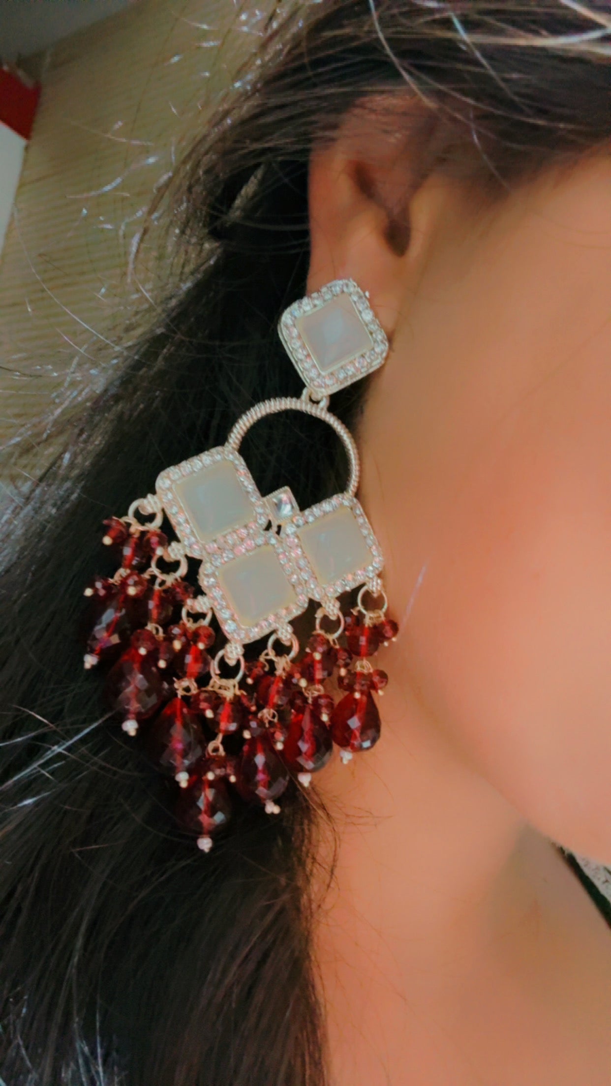 Red Beaded Monalisa Earrings β Gold Plated Festive Chandbali Design with Crystal DropsRed Beaded Monalisa Earrings β Gold Plated Festive Chandbali Design with Crystal Drops