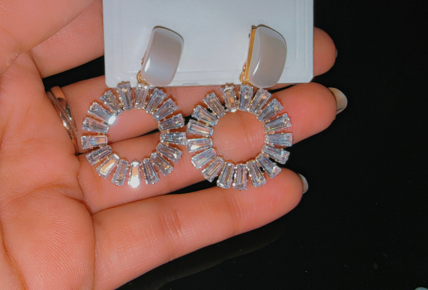 Crystal Circle Statement Earrings – White Top & Zircon Baguette Sparkling Dangler