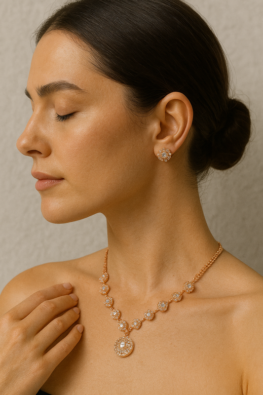 Rose Gold-Plated American Diamond Necklace Set with Earrings – Bridal & Festive Wear Jewellery for Women