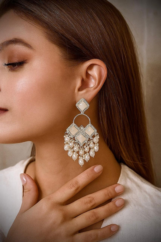 White Monalisa Pearl Drop Earrings – Gold Plated Statement Chandbali Design