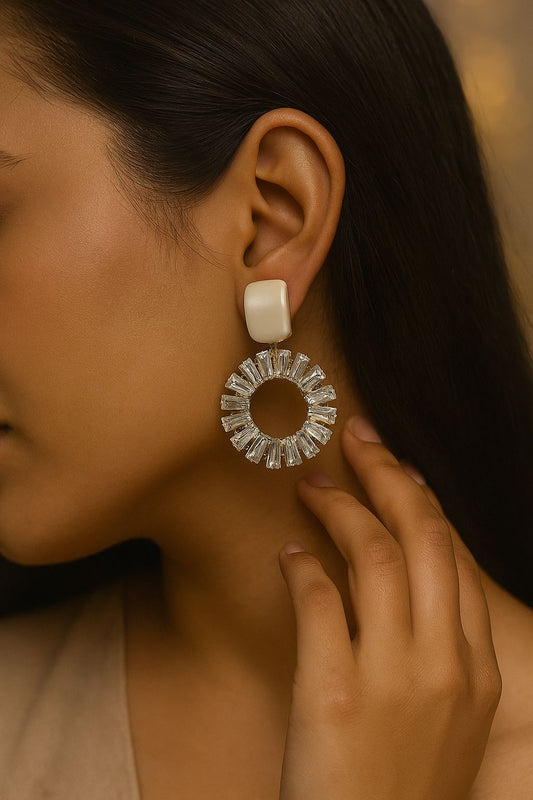 Crystal Circle Statement Earrings – White Top & Zircon Baguette Sparkling Dangler