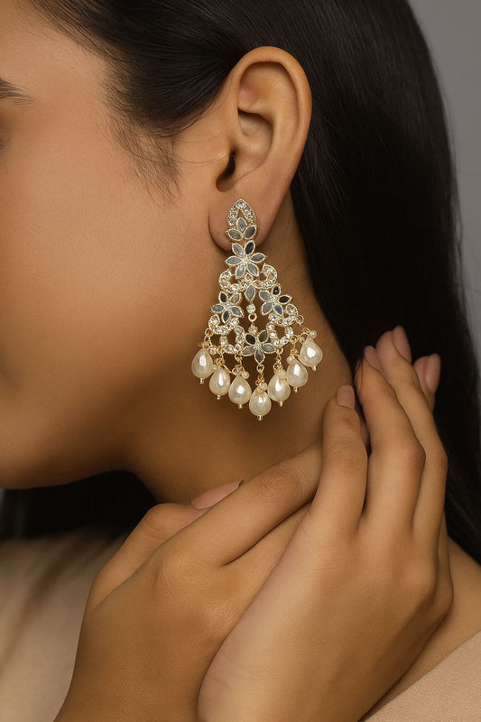 Floral Pearl Drop Earrings – Gold-Plated Traditional Enamel Jhumki