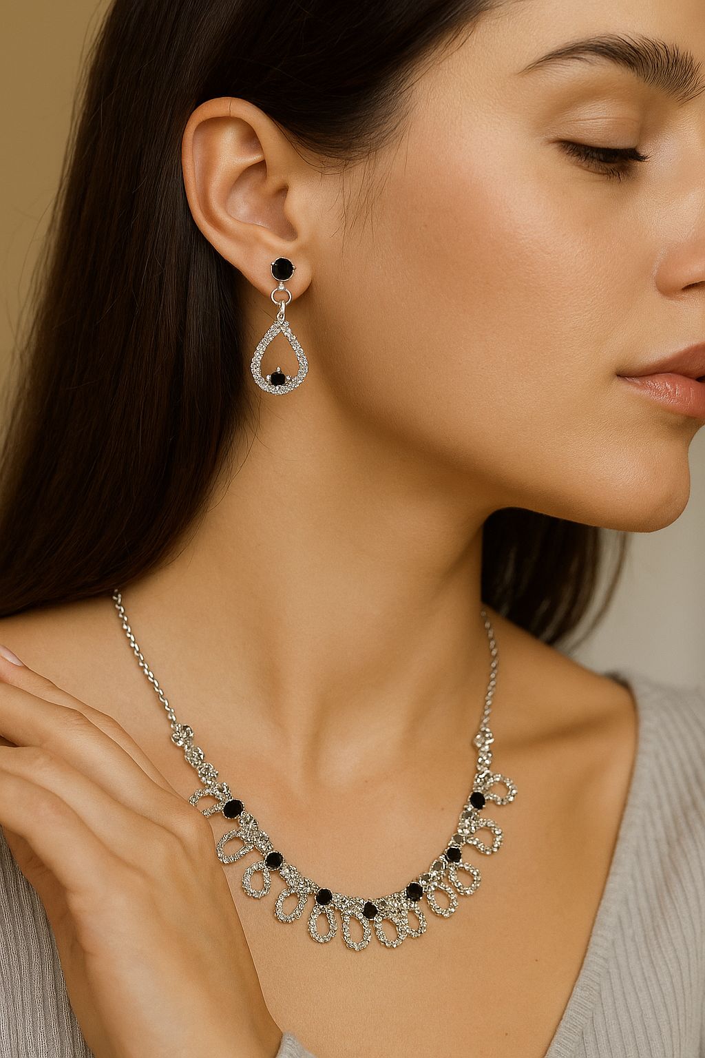 Black Stone Silver-Plated American Diamond Necklace Set – Tear Drop Design Party Jewellery with Earrings