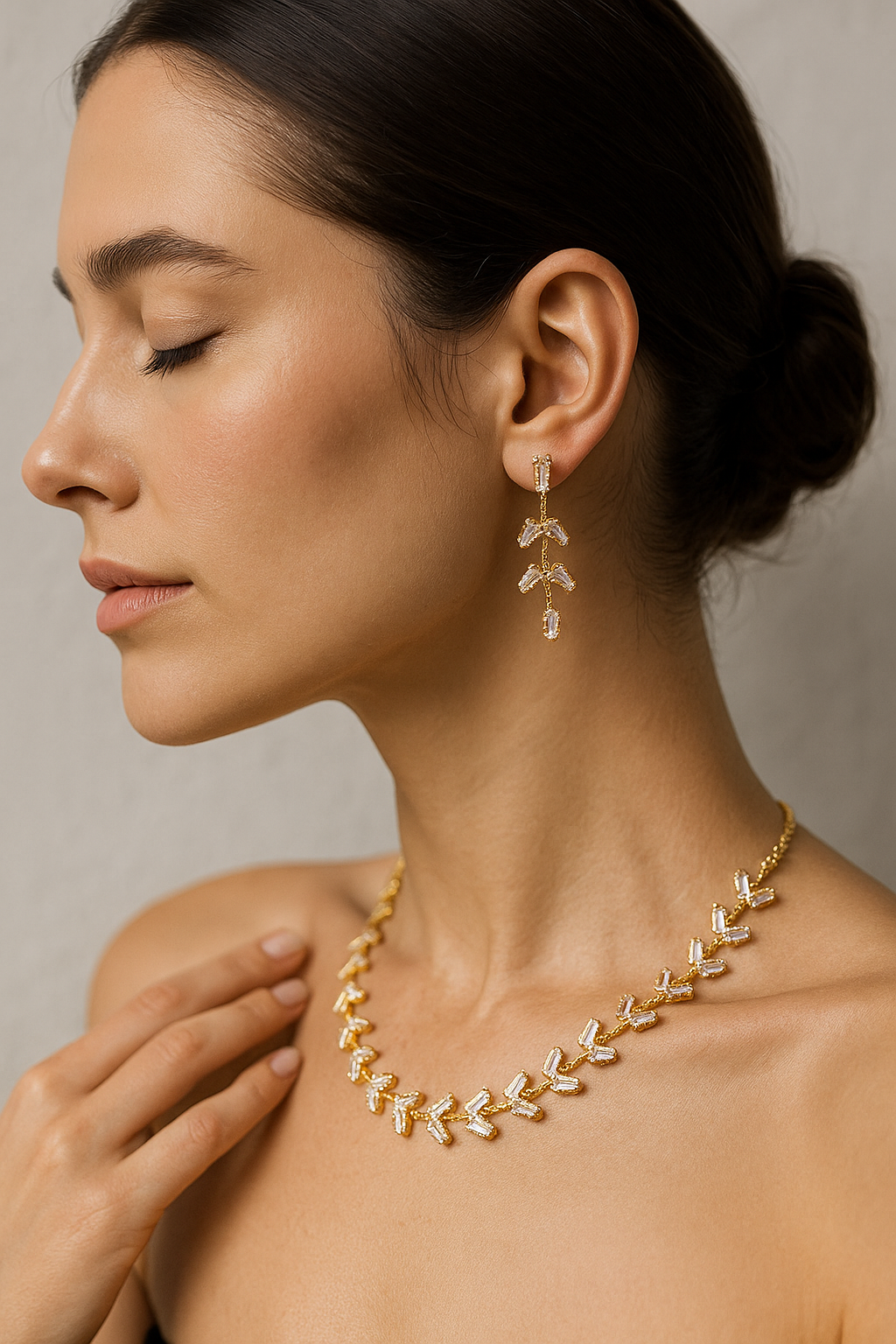 Gold-Plated Leafy Baguette Necklace Set – Modern Artificial CZ Jewellery with Earrings for Women