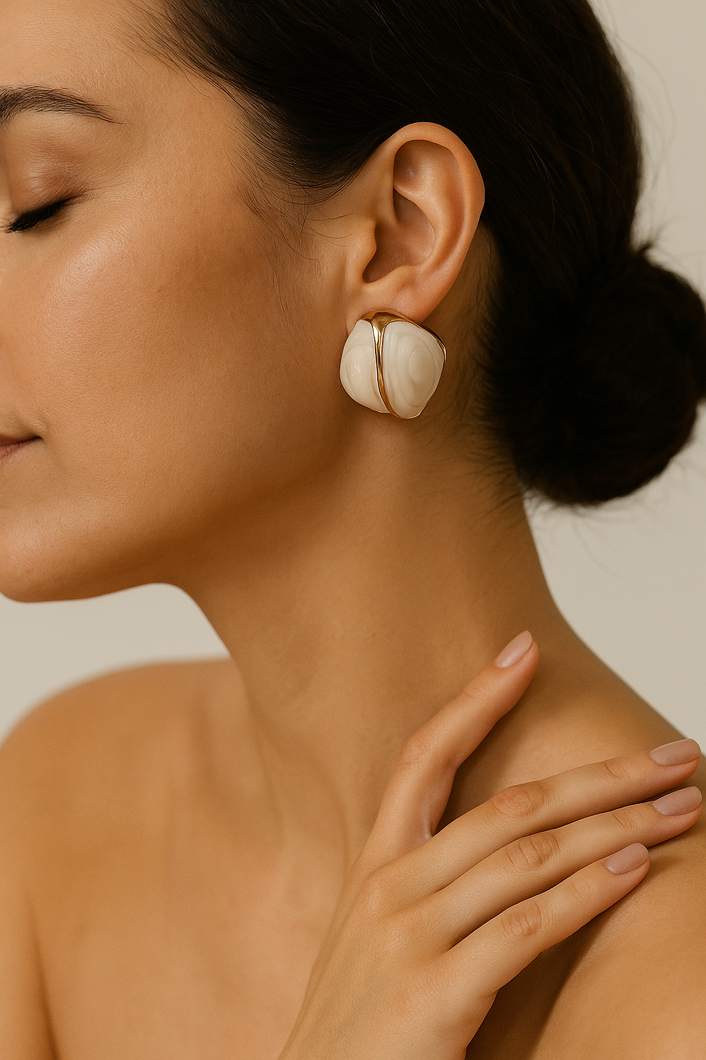 White Enamel Gold Accent Stud Earrings – Vintage-Inspired Minimal Earrings for Women