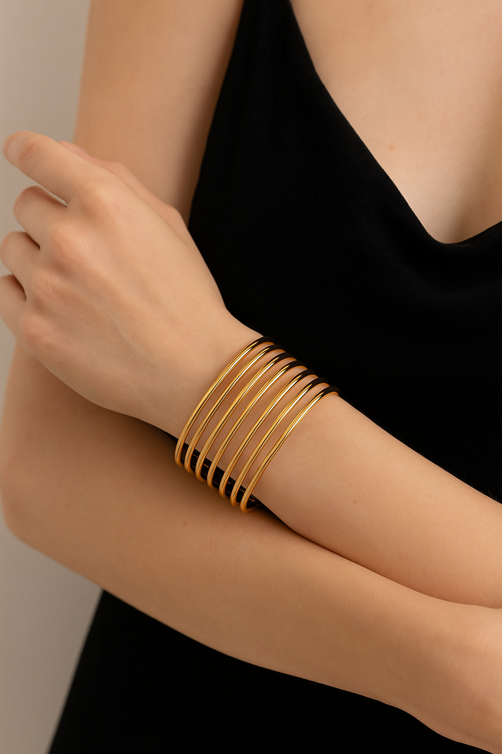 Bold Gold-Plated Multi-Bar Wide Cuff Bracelet for Women – Elegant Artificial Jewelry with Clasp