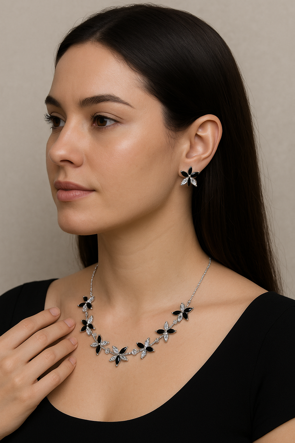 Elegant Black & Clear Crystal Floral Necklace and Earring Set – Statement Artificial Jewelry