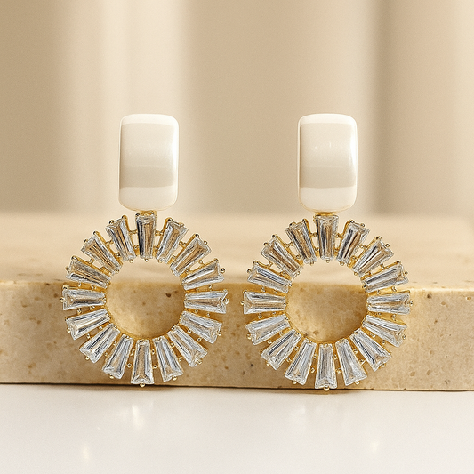 Crystal Circle Statement Earrings – White Top & Zircon Baguette Sparkling Dangler