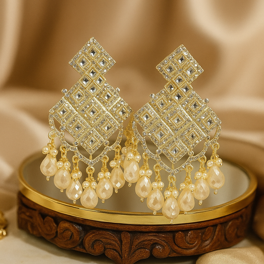 Geometric Kundan Pearl Drop Earrings – Diamond Pattern Gold-Plated Statement Jhumka