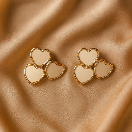 Triple Heart Stud Earrings – Cute Minimalist Gold-Tone Earrings for Girls & Women