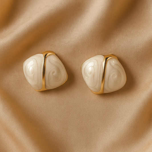 White Enamel Gold Accent Stud Earrings – Vintage-Inspired Minimal Earrings for Women