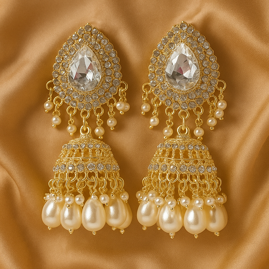 Bridal Crystal & Pearl Jhumka Earrings – Gold Plated Ethnic Statement Danglers