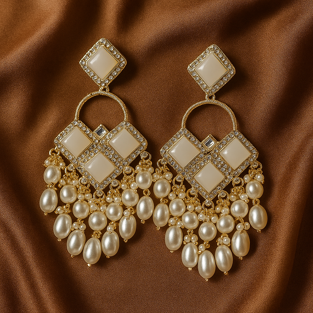 White Monalisa Pearl Drop Earrings – Gold Plated Statement Chandbali Design