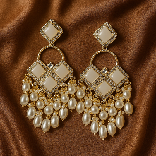 White Monalisa Pearl Drop Earrings – Gold Plated Statement Chandbali Design