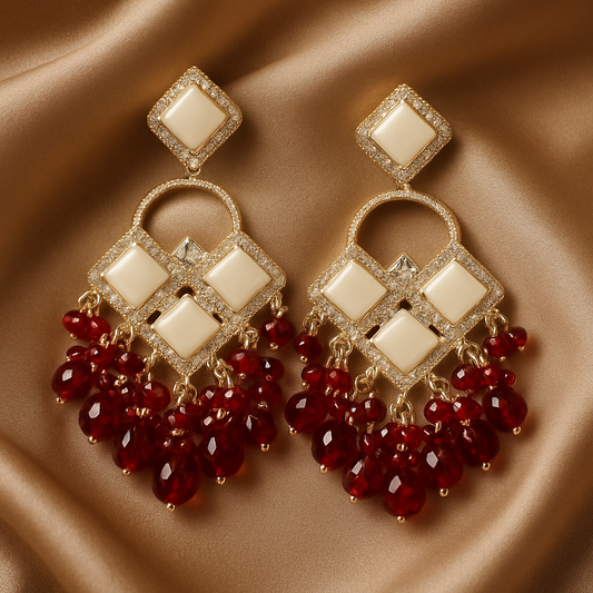Red Beaded Monalisa Earrings – Gold Plated Festive Chandbali Design with Crystal DropsRed Beaded Monalisa Earrings – Gold Plated Festive Chandbali Design with Crystal Drops