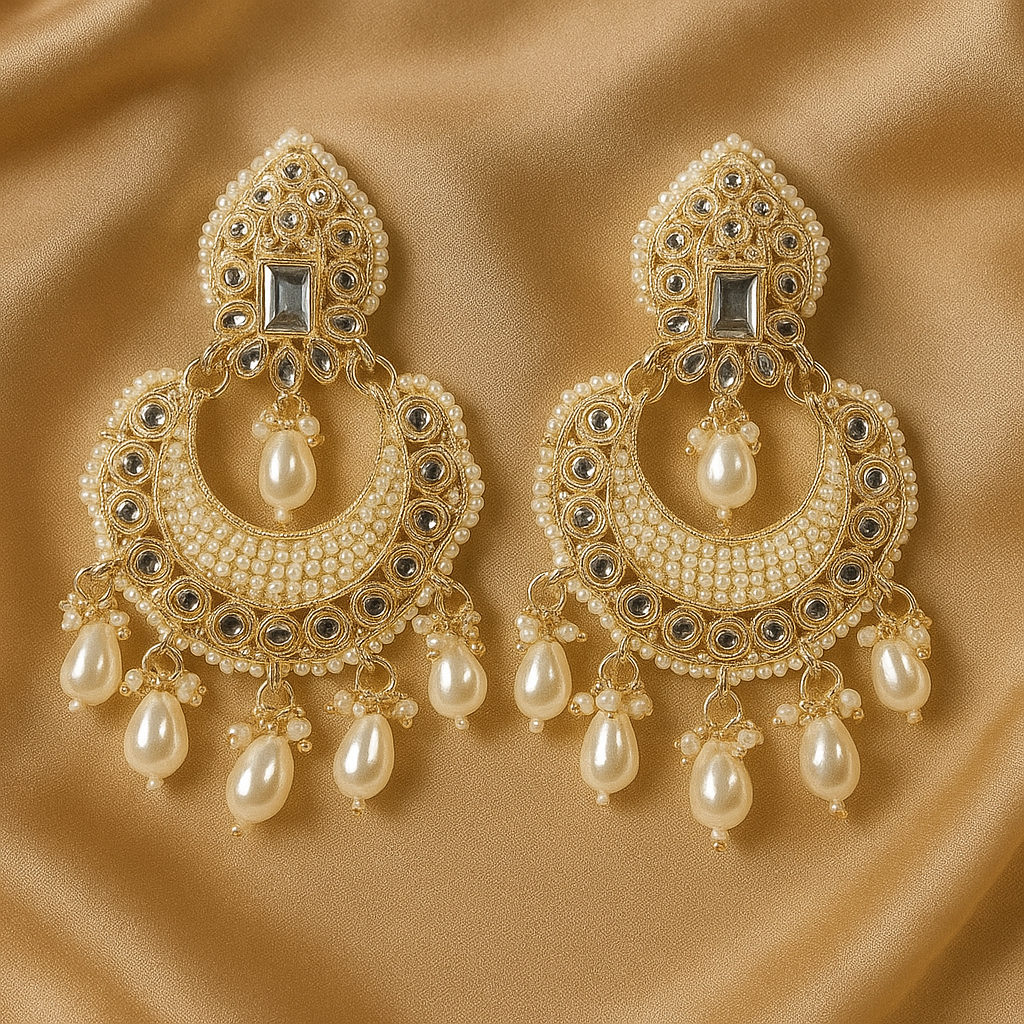 Pearl Mirror Chandbali Earrings – Handcrafted Bridal Danglers with White Beads & Kundan Detail