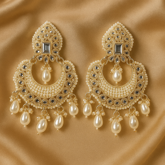 Pearl Mirror Chandbali Earrings – Handcrafted Bridal Danglers with White Beads & Kundan Detail