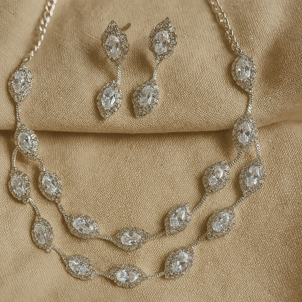 Luxury Silver-Plated American Diamond Necklace Set with Earrings – Bridal & Party Wear Jewellery