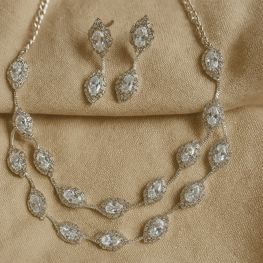 Luxury Silver-Plated American Diamond Necklace Set with Earrings – Bridal & Party Wear Jewellery