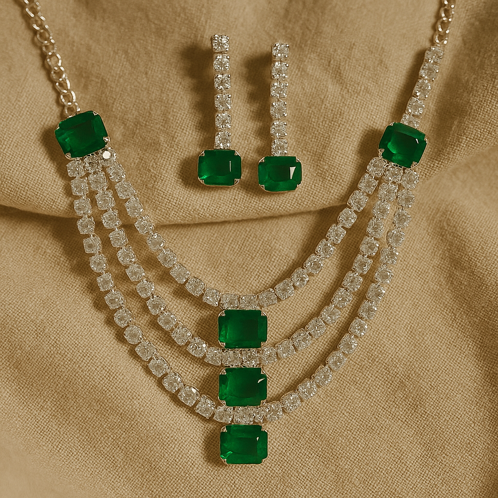 Royal Emerald Green American Diamond Necklace Set for Women – Silver Plated Bridal & Party Wear Jewellery