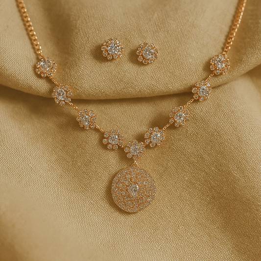 Rose Gold-Plated American Diamond Necklace Set with Earrings – Bridal & Festive Wear Jewellery for Women