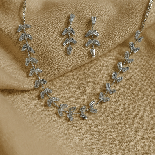 Contemporary Baguette-Cut CZ Necklace Set for Women – Silver Plated Vine Design Jewellery with Earrings