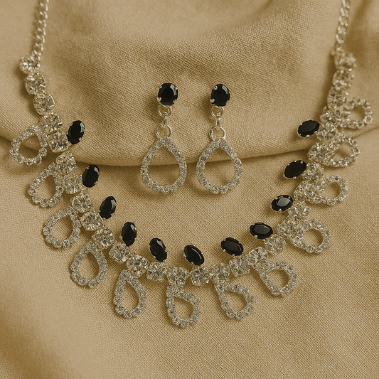 Black Stone Silver-Plated American Diamond Necklace Set – Tear Drop Design Party Jewellery with Earrings