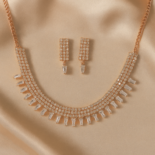 Rose Gold-Plated Baguette American Diamond Necklace Set – Choker Style Party Jewellery with Earrings