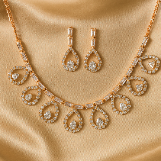 Rose Gold-Plated Teardrop CZ Necklace Set – Elegant Artificial Jewellery with Earrings for Women