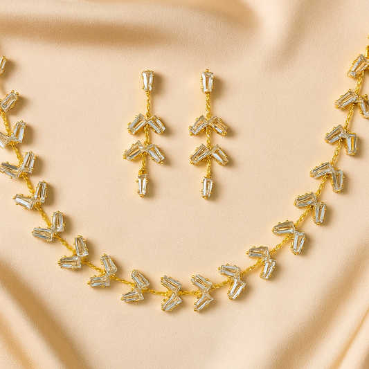 Gold-Plated Leafy Baguette Necklace Set – Modern Artificial CZ Jewellery with Earrings for Women