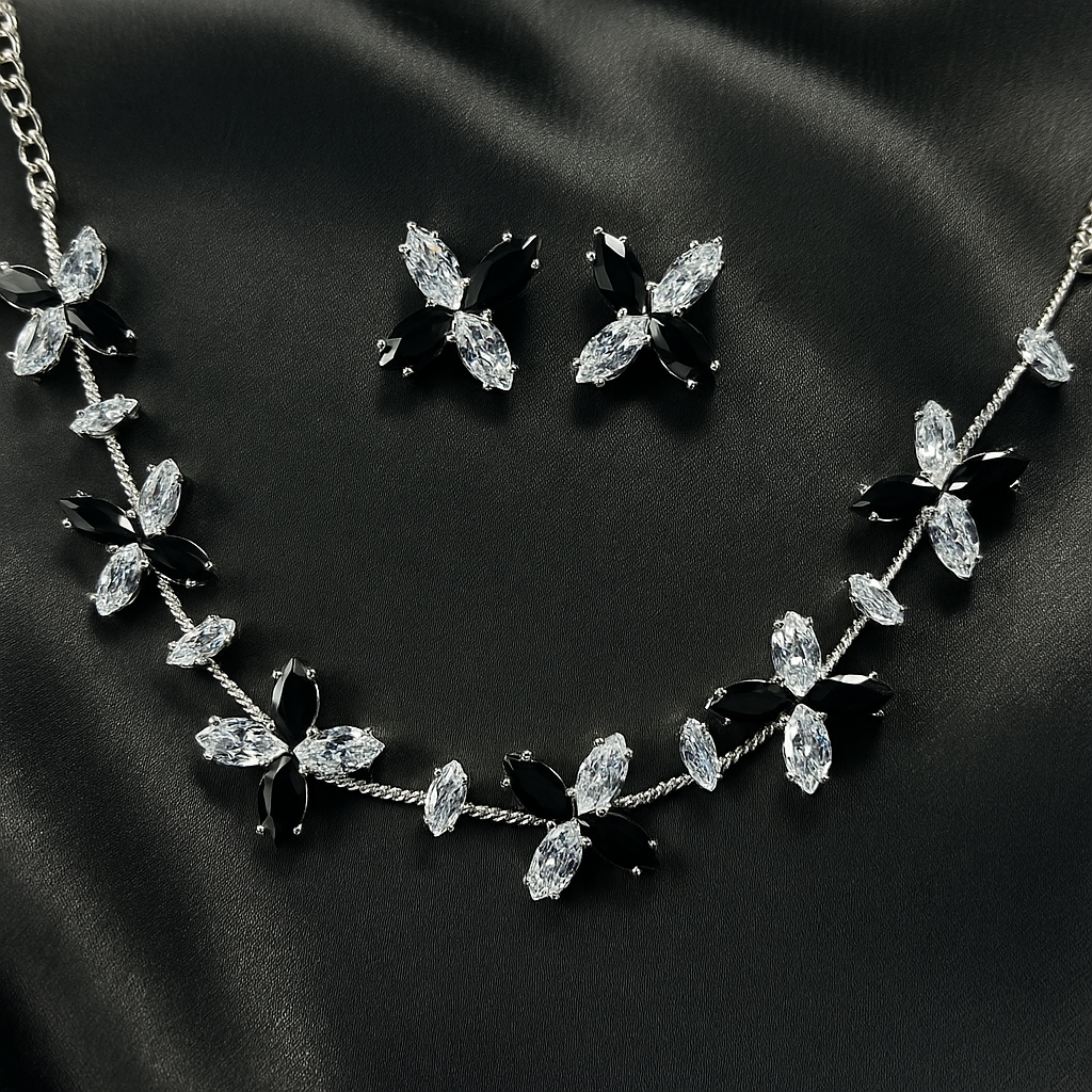 Elegant Black & Clear Crystal Floral Necklace and Earring Set – Statement Artificial Jewelry
