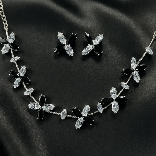 Elegant Black & Clear Crystal Floral Necklace and Earring Set – Statement Artificial Jewelry