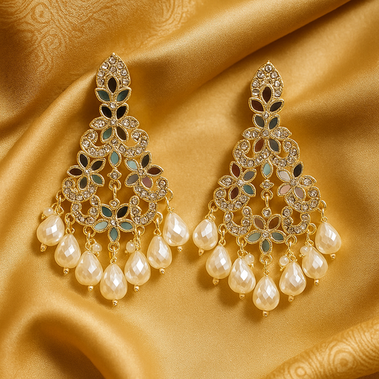 Floral  Pearl Drop Earrings – Gold-Plated Traditional Enamel Jhumki