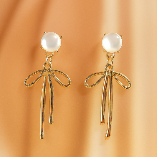 Pearl Stud & Bow Gold Drop Earrings – Feminine Elegant Dangler for Everyday & Party Wear