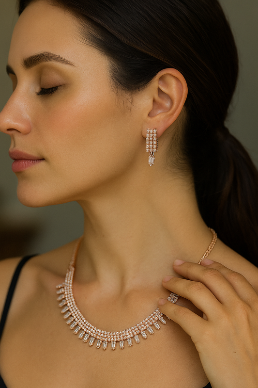 Rose Gold-Plated Baguette American Diamond Necklace Set – Choker Style Party Jewellery with Earrings