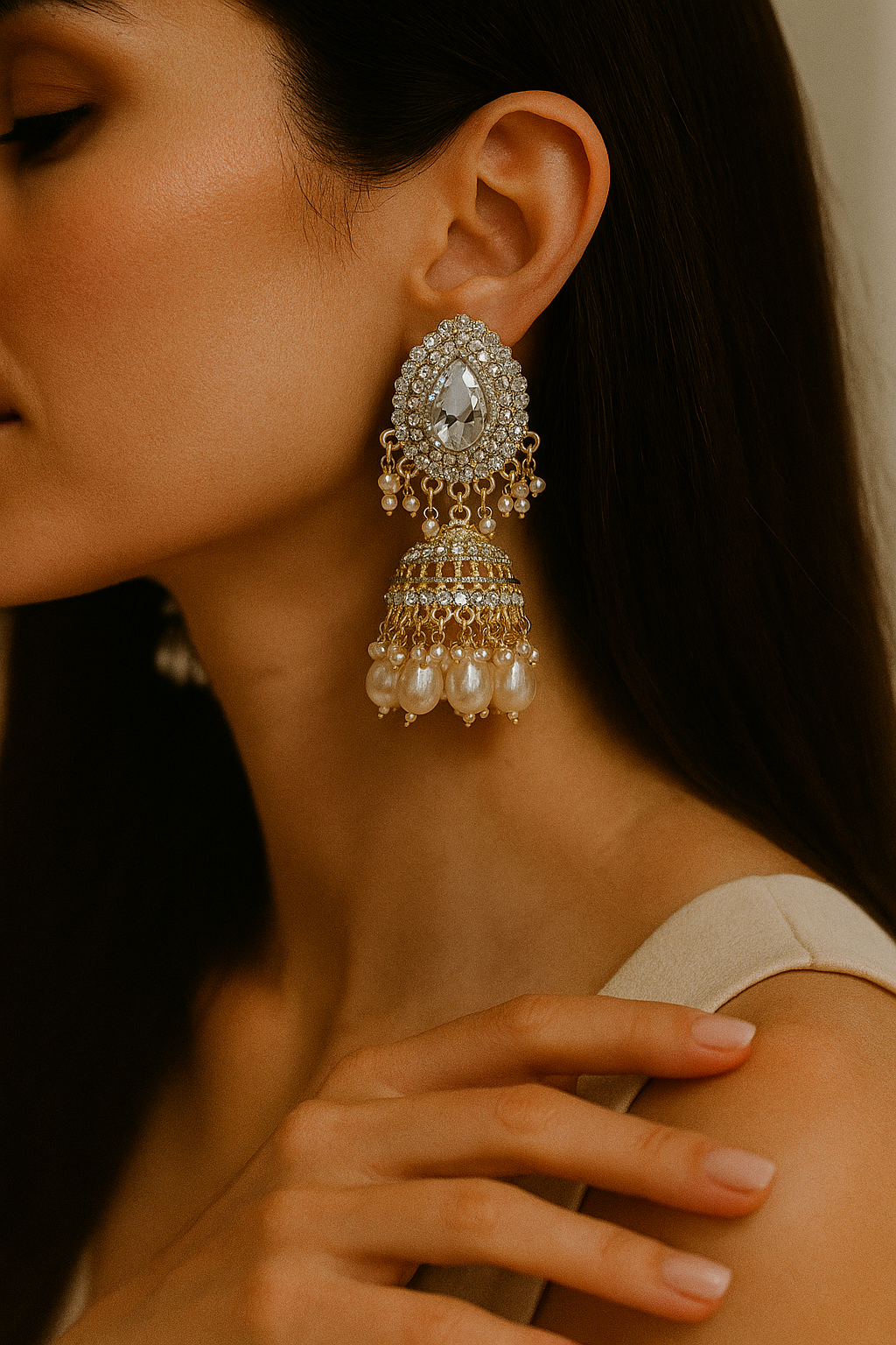 Bridal Crystal & Pearl Jhumka Earrings – Gold Plated Ethnic Statement Danglers