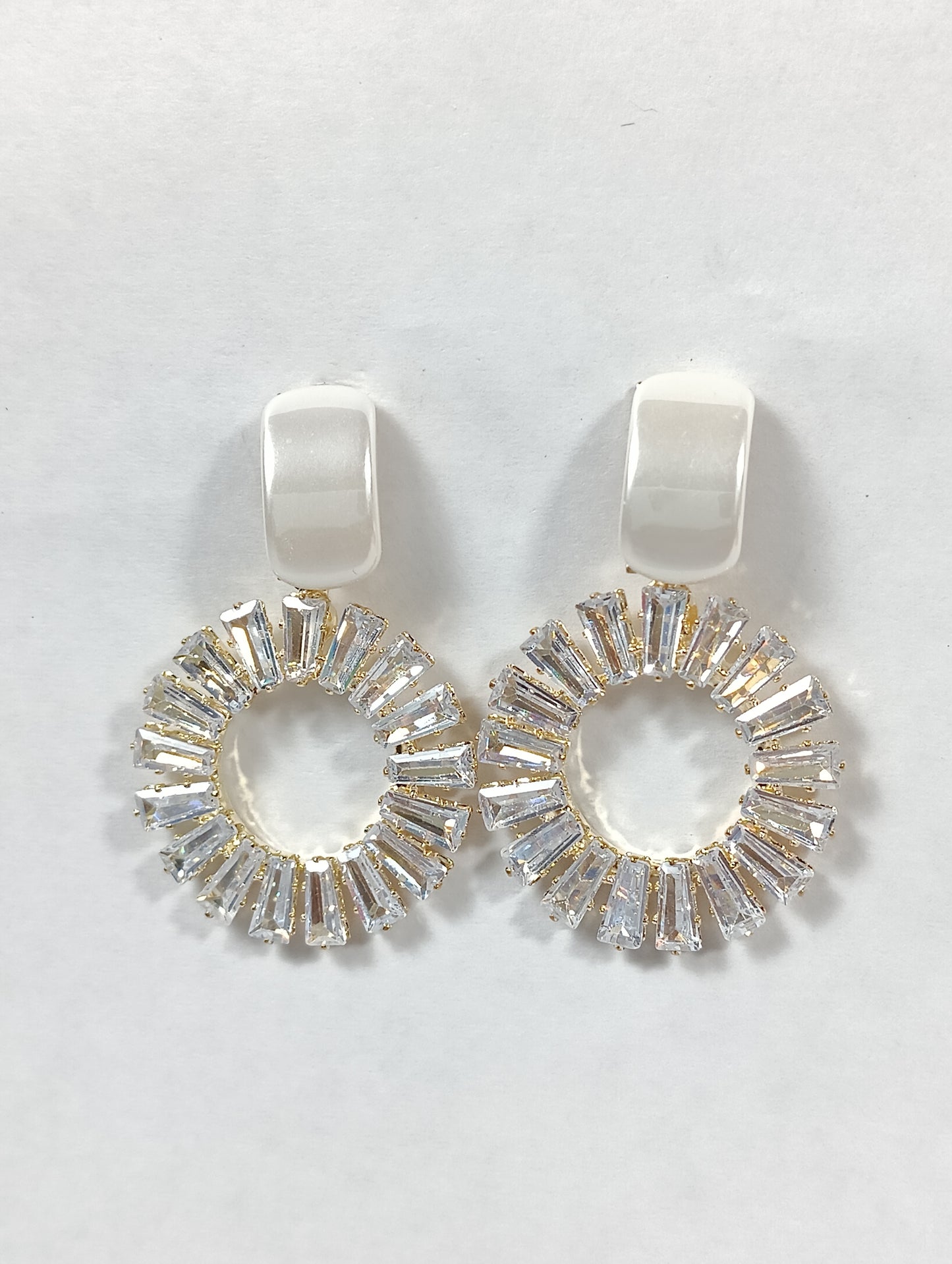 Crystal Circle Statement Earrings – White Top & Zircon Baguette Sparkling Dangler